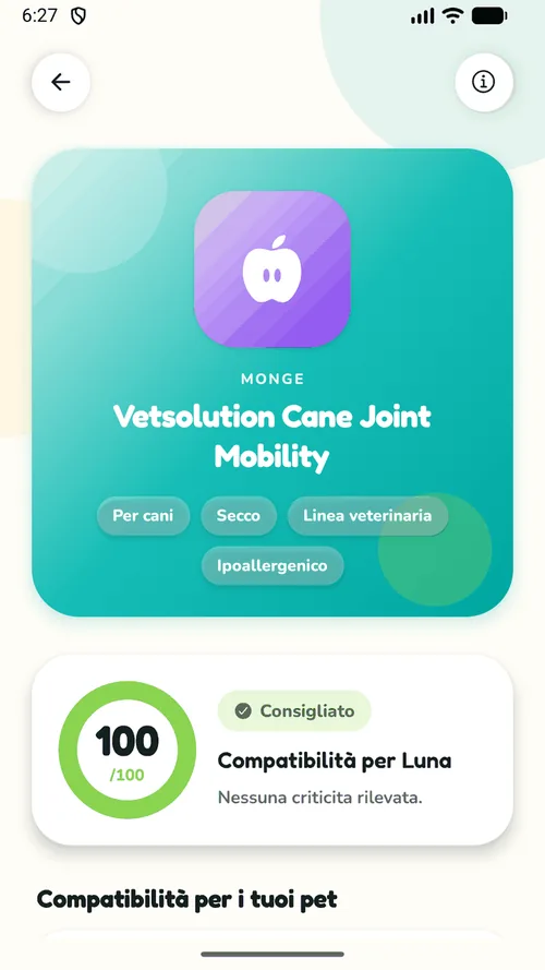 Scheda prodotto con punteggio di compatibilità 100 su 100 calcolato sul profilo del pet