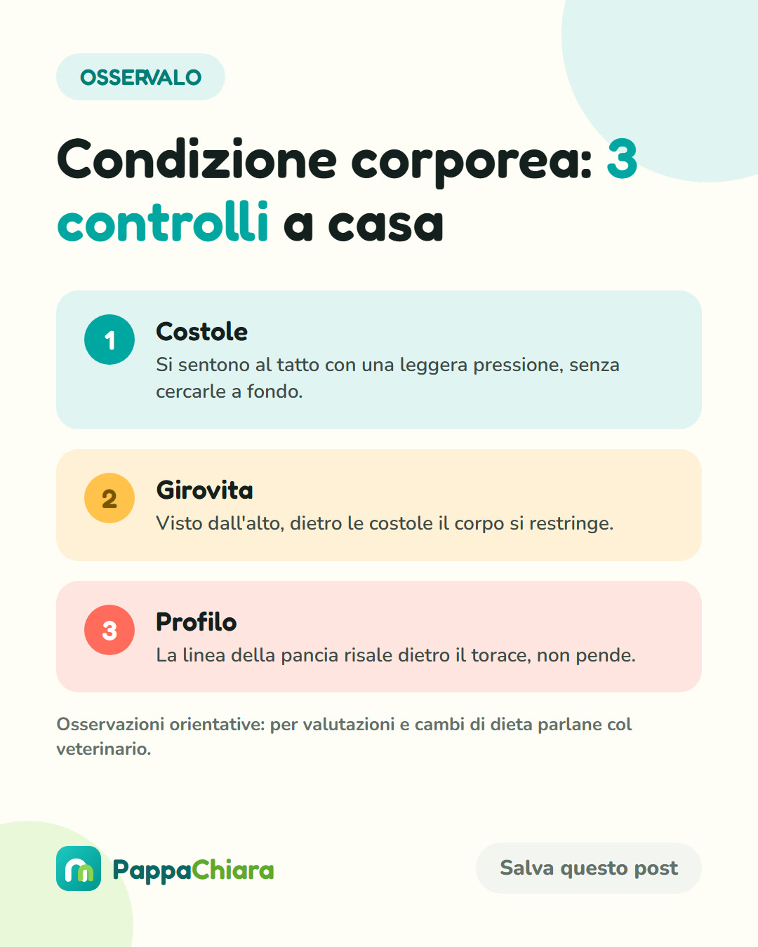 Infografica con tre controlli orientativi della condizione corporea: coste, girovita e profilo addominale